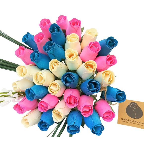 3 Dozen Gender Reveal Wooden Rose Flower Bouquet. The Original Wooden Rose - Picture 1 of 9